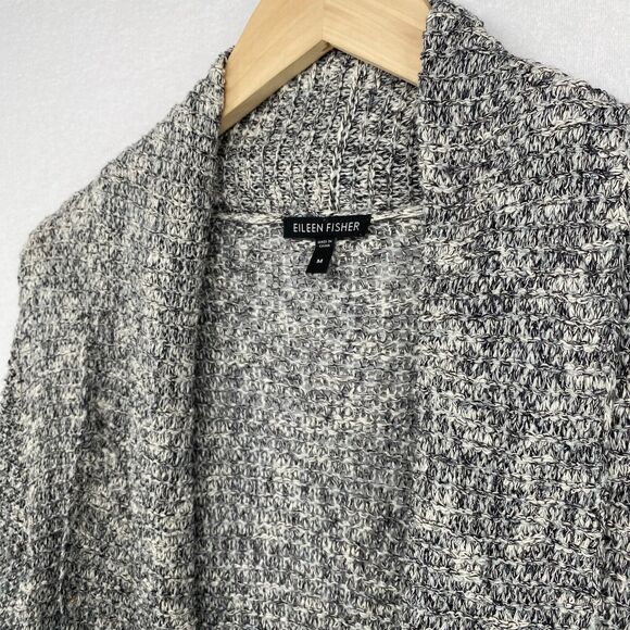 EILEEN FISHER Cardigan M Cotton Blend Marled Shawl Open Front Long Sleeve Gray - Picture 2 of 15